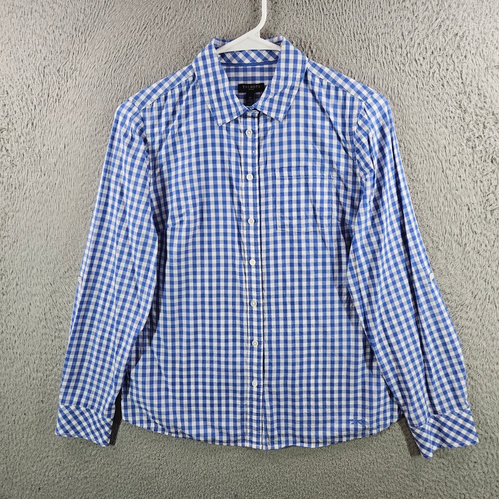 Talbots Petites Blue White Gingham Cotton Button Down Shirt 4P Long Sleeve